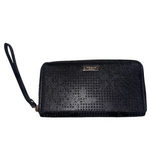 EUC Kate Spade Black Floral Cutout Wristlet Zip Around Long Wallet Clutch Gold
